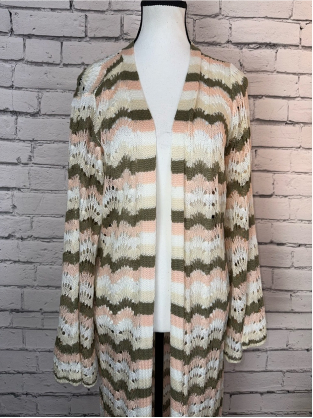 Women's VENUS Duster Knit Sweater Beach Crochet Pink Green Striped Size Large - Picture 4 of 12